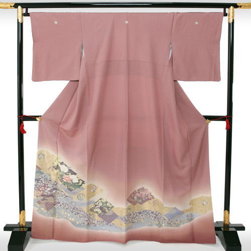 濃ピンク 流水にボタン・菊